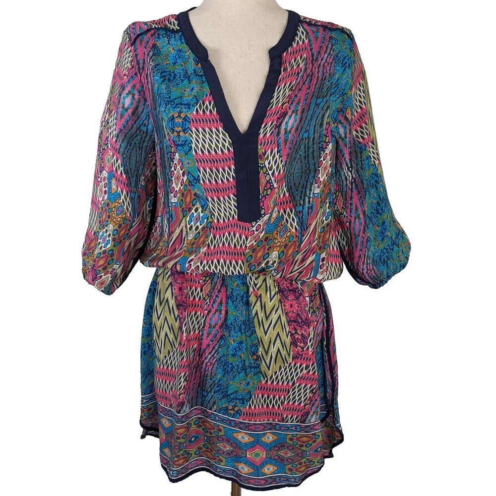 Tolani Women's XS 100% Silk Mini Dress Tunic Top Elastic Waist